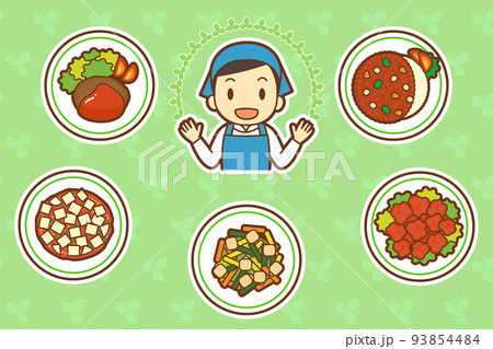 おいしい料理を紹介する調理師(背景緑) おいしい料理を紹介する調理師(背景緑) 93854484
