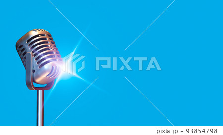 retro condenser microphone with flare light, isolated on blue. music background retro condenser microphone with flare light, isolated on blue. music background 93854798