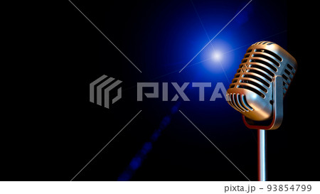 retro condenser microphone with flare light, isolated on black. music background retro condenser microphone with flare light, isolated on black. music background 93854799