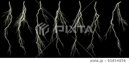 Set of different lightning bolts isolated on black background Set of different lightning bolts isolated on black background 93854856