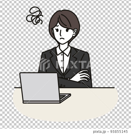 一個穿著西裝的女人看著電腦屏幕很沮喪 93855145