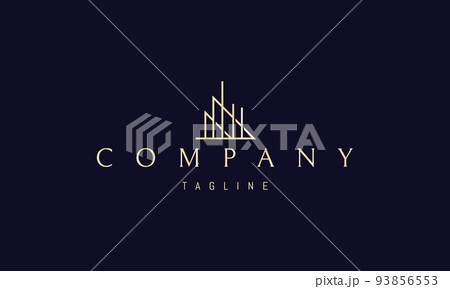 Vector golden logo on which an abstract image of a modern house in a linear style. Vector golden logo on which an abstract image of a modern house in a linear style. 93856553