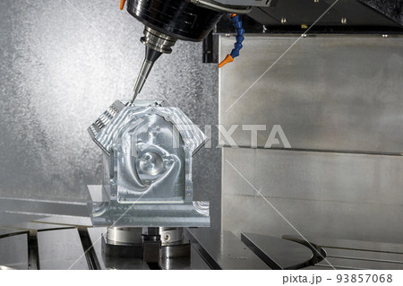 The 5-axis machining center cutting the V8 cylinder block with solid ball end mill tool. The 5-axis machining center cutting the V8 cylinder block with solid ball end mill tool. 93857068