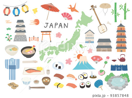 日本にまつわるモチーフの手描きイラストセット(カラー/輪郭線なし) 日本にまつわるモチーフの手描きイラストセット(カラー/輪郭線なし) 93857848