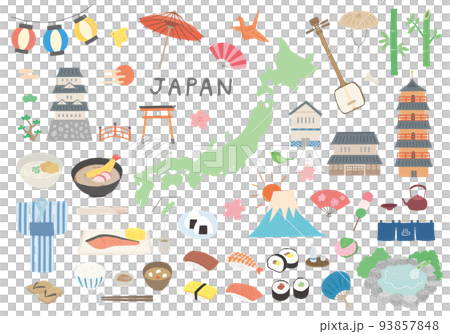 日本にまつわるモチーフの手描きイラストセット(カラー/輪郭線なし) 日本にまつわるモチーフの手描きイラストセット(カラー/輪郭線なし) 93857848