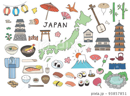 日本にまつわるモチーフの手描きイラストセット（カラー） 93857851