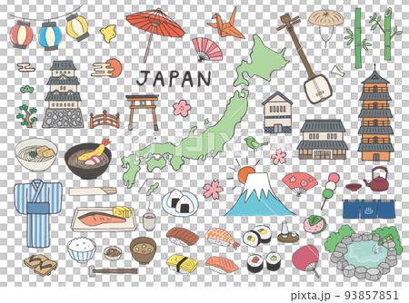 日本にまつわるモチーフの手描きイラストセット（カラー） 93857851