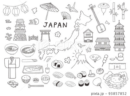 日本にまつわるモチーフの手描きイラストセット（モノクロ） 93857852