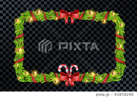 Christmas square fir wreath, red ribbon, X-mas decoration garland, vector New Year game frame. Christmas square fir wreath, red ribbon, X-mas decoration garland, vector New Year game frame. 93858266