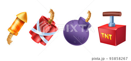 3D bomb game icon set, vector cartoon dynamite ball with fuse, explosive tnt box, yellow firecracker 3D bomb game icon set, vector cartoon dynamite ball with fuse, explosive tnt box, yellow firecracker 93858267