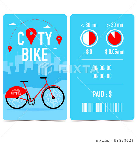 City bike rent or hire quittance, ticket, receipt, claim check or tally with red bicycle on blue city background. City bike docking station terminal ticket with barcode, time and amount to pay. 93858623