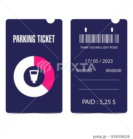 Parking ticket, quittance, receipt or talon with parking meter, bar code, date, time and price. Front and back sides of automatic parking zone quittance or receipt. Vector illustration. 93858626