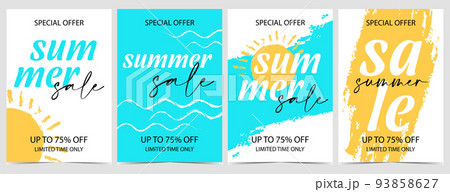 Summer sale banner and discount poster for social media marketing and promotional post. Suitable for summer shopping, hot reduction season and holiday or weekend special offer. Vector illustration. 93858627