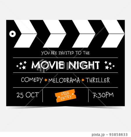 Movie night invitation banner in the form of clapperboard. Vector illustration of poster for movie night party, cinema festival, cinematographic event suitable for promo, advertisement, social posts. Movie night invitation banner in the form of clapperboard. Vector illustration of poster for movie night party, cinema festival, cinematographic event suitable for promo, advertisement, social posts. 93858633