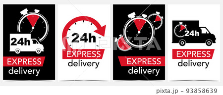 Express delivery banner set with stopwatch, countdown timer, chronometer icon or logo on a delivery truck in red and black colours on white background. Fast urgent courier service vector illustration. 93858639