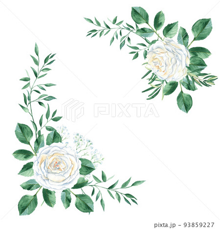 Watercolor floral bouquets, corners - illustration with white roses, gypsophila and rustic greenery, pistachio and olive branches isolated on white background. Can be used for wedding stationary 93859227