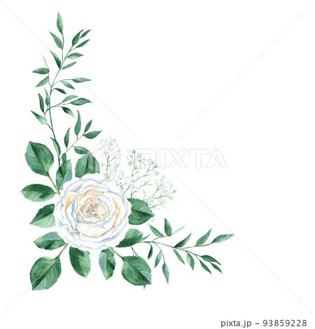 Watercolor floral bouquet - illustration with white roses, gypsophila and rustic greenery isolated on white background. Can be used for wedding stationary, greeting cards, wallpapers, textile prints 93859228