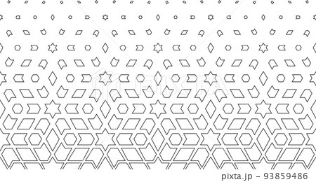 Geometric pattern of black figures on a white background. Based on traditional arabic ornament. Seamless in one direction. Geometric pattern of black figures on a white background. Based on traditional arabic ornament. Seamless in one direction. 93859486