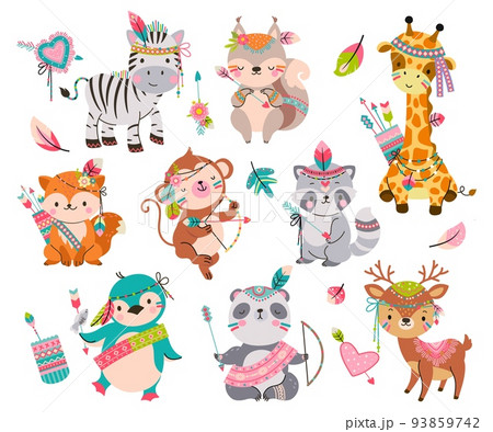Cartoon tribal animals. Wild cute animal with arrows. Boho style fox, raccoon and penguin. Woodland baby characters, adorable childish nowaday vector clipart 93859742