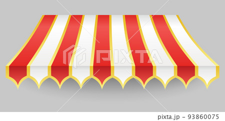 Awning element. Sunshade prevent sunlight and rain. Shop decorating. Outdoor vintage striped canopy. Marketplace tent roof, template for design 93860075