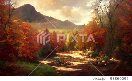 絵画 イラスト 秋 紅葉 山 自然 森 風景のイラスト素材 [93860092] - PIXTA