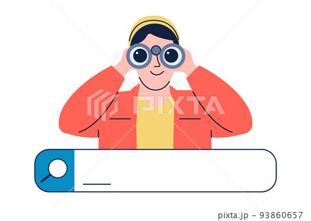 Browser search bar concept. Guy looking in binocular, searching answers in internet. Business metaphor, web window with young adult recent vector character 93860657
