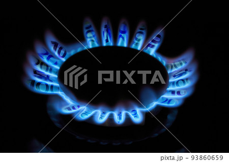 Burning gas burner on a household stove with flames in the form of euro banknotes 93860659