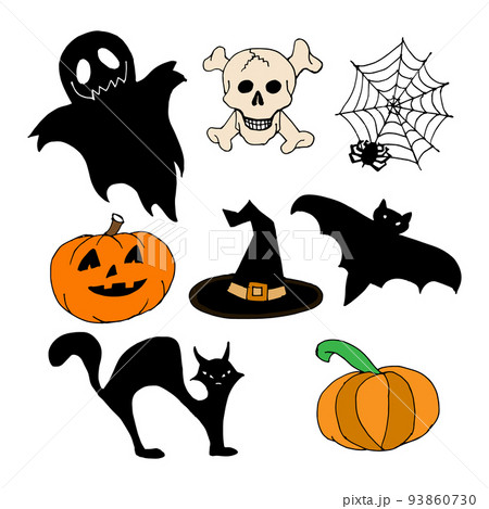 Set, spider, cobweb, pumpkins, ghost and black bats on a gray background. Halloween print, vector 93860730