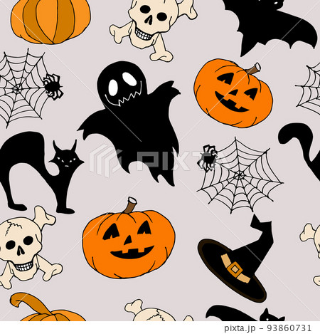 Seamless pattern, spiders, pumpkin cobwebs, ghost and black bats on a gray background. Halloween print, textile, vector 93860731