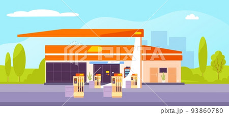 Petrol station building. City fuel stations on road background, cartoon automotive gas car refilling service automated gasoline pump, diesel oil shop fill store vector illustration Petrol station building. City fuel stations on road background, cartoon automotive gas car refilling service automated gasoline pump, diesel oil shop fill store vector illustration 93860780
