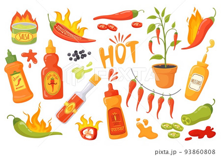 Cartoon burning sauce. Hot peppers spicy meal, dip chilli ketchup burned mexican seasoning salsa sauces bottle jalapeno cayenne spice jar Cartoon burning sauce. Hot peppers spicy meal, dip chilli ketchup burned mexican seasoning salsa sauces bottle jalapeno cayenne spice jar 93860808