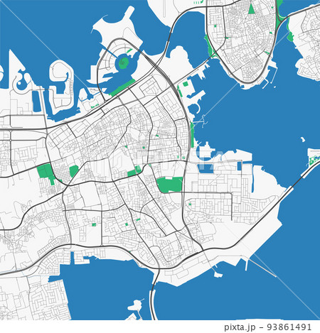 Manama vector map. Detailed map of Manama city administrative area. Cityscape panorama illustration. Road map with highways, streets, rivers. Manama vector map. Detailed map of Manama city administrative area. Cityscape panorama illustration. Road map with highways, streets, rivers. 93861491