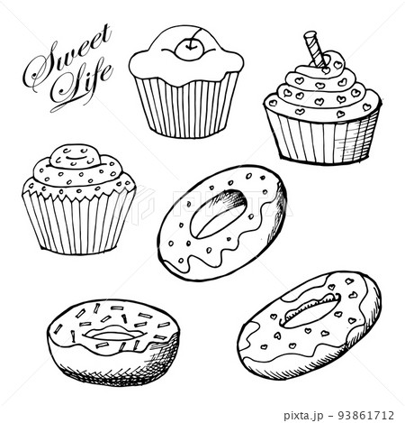 Set of hand drawn donuts and cupcakes, sketch, outline drawing. Food illustration, vector 93861712