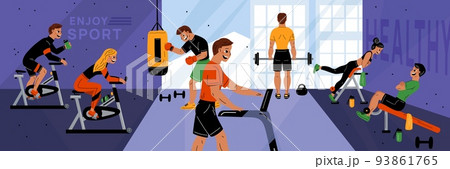 People at sport gym. Men and women in workout. Fitness room with simulators. Strength training and bodybuilding. Muscular athletes exercises. Healthy lifestyle. Garish vector concept People at sport gym. Men and women in workout. Fitness room with simulators. Strength training and bodybuilding. Muscular athletes exercises. Healthy lifestyle. Garish vector concept 93861765