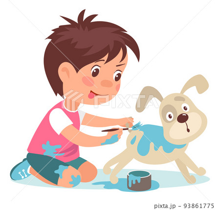 Kids destroy. Children bad behavior. Naughty boy painting dog. Mischievous fidget playing destructive games. Unattended hyperactive teenager. People bullying animal. Vector illustration 93861775