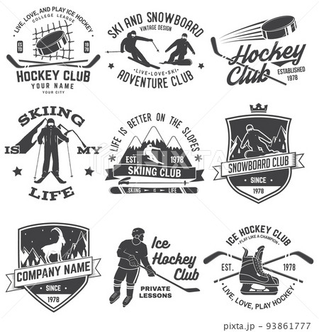Ice Hockey, Ski and Snowboard Club emblem. Vector. Concept for shirt, print, stamp, badge. Vintage typography design with ice hockey player, snowboarder and skier silhouette. Winter sport. Ice Hockey, Ski and Snowboard Club emblem. Vector. Concept for shirt, print, stamp, badge. Vintage typography design with ice hockey player, snowboarder and skier silhouette. Winter sport. 93861777