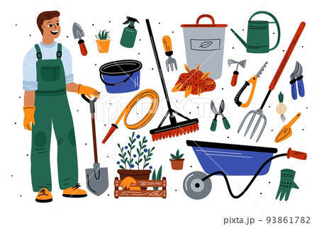 Gardening tools. Funny gardener with plants care accessories. Buckets and wheelbarrow. Agriculture worker. Watering cans and shovels. Farming man in work uniform. Garish vector set 93861782