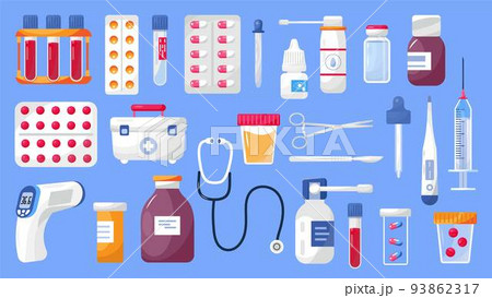 Medication icons set vector. Medicine icon collection. Medical tube, bottle spray, first aid bag are shown. Pharma sopping bag with medical pills, drops. Medication icons set vector. Medicine icon collection. Medical tube, bottle spray, first aid bag are shown. Pharma sopping bag with medical pills, drops. 93862317