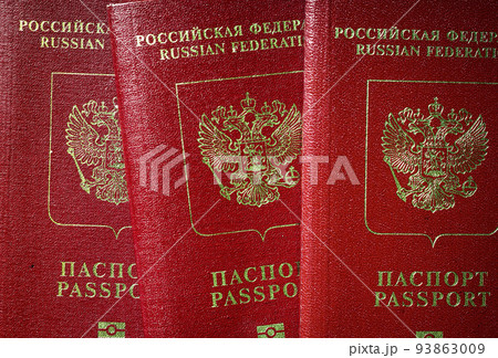 Russian passports top view, group of tourist passports of Russia 93863009