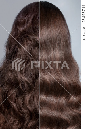 Woman before after curling her hair. Rear view, straight and curls. Woman before after curling her hair. Rear view, straight and curls. 93863711