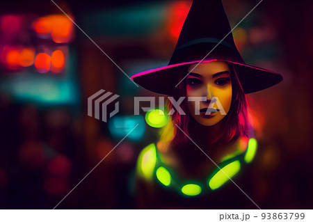 caucasian woman at night in witch costume and makeup, halloween look, neural network generated art 93863799