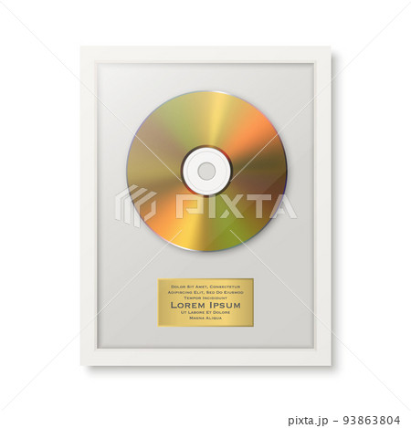 Realistic Vector 3d Golden Yellow CD and Label with White Frame on White Background. Single Album Compact Disc Award, Limited Edition. Design Template 93863804