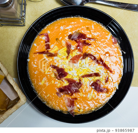 Top view of Salmorejo with jamon and boiled egg Top view of Salmorejo with jamon and boiled egg 93865987