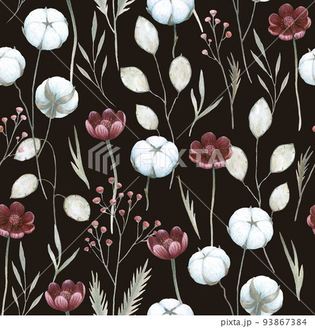 Watercolor seamless pattern with cotton plants and flowers. Hand drawn detailed realistic vintage illustration.  93867384