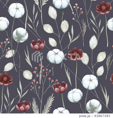 Watercolor seamless pattern with cotton plants and flowers. Hand drawn detailed realistic vintage illustration.  93867385