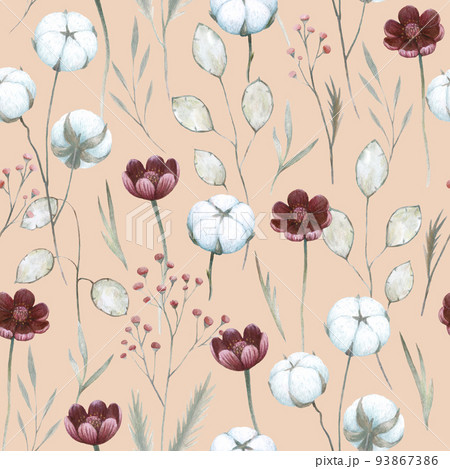 Watercolor seamless pattern with cotton plants and flowers. Hand drawn detailed realistic vintage illustration. Watercolor seamless pattern with cotton plants and flowers. Hand drawn detailed realistic vintage illustration. 93867386