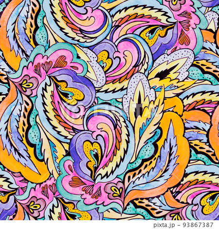 Psychedelic ornamental pattern. Watercolor hand drawn texture with floral and botanical ornate shapes and motifs.  93867387