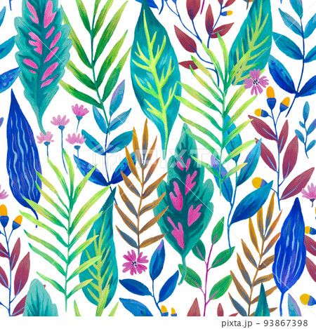 Colorful seamless pattern with bright tropical leaves and flowers. Hand drawn detailed illustration with rainforest jungle plants. Colorful seamless pattern with bright tropical leaves and flowers. Hand drawn detailed illustration with rainforest jungle plants. 93867398