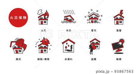 火災保険の家の被害のシンプルなカラーのアイコンセット 火災保険の家の被害のシンプルなカラーのアイコンセット 93867563