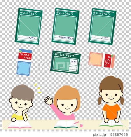 First grade class scene and belongings / A child raising his hand and a child speaking First grade class scene and belongings / A child raising his hand and a child speaking 93867656